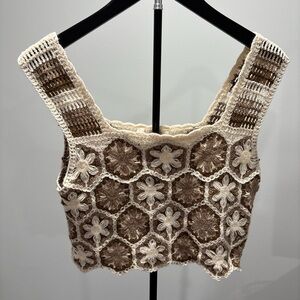 Rebellion Handcrocheted Floral Crop Top in Cream & Brown